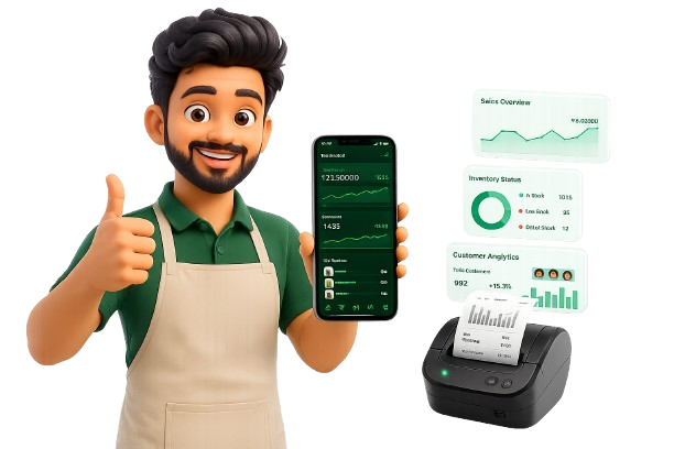 Business owner with thukaapp dashboard, analytics and thermal printer